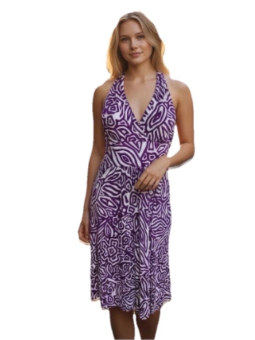 Banana Republic Purple & White Silk Blend Criss Cross Back Midi Dress Size S - Picture 4 of 15